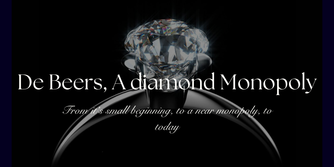 De beers Solitaire diamond righ on black background with the text " De Beers, A Diamond Monopoly, from a small begining, to a near monopoly, to today